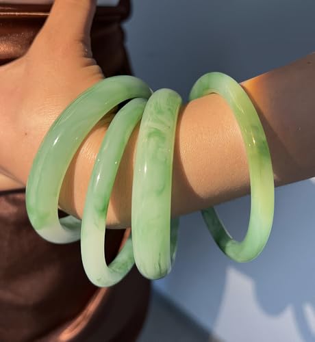 iF YOU 6pcs Chunky Acrylic Bangle Bracelets for Women, Resin Bamboo Brown Stretchy Bracelet Stack, Fashion Jewelry for Women - color: 4 Green bangles