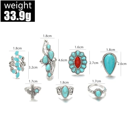 Bohemian Turquoise Ring for Women Stackable Vintage Chunky Boho Turquoise Ring Set Dainty Open Gemstone Knuckle Midi Finger Rings Western Statement Rings Jewelry - style: red seven