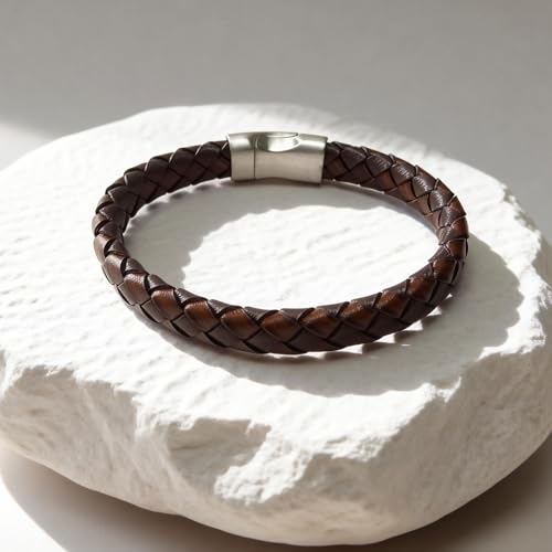Men's Leather Bracelet, Stackable Stainless Steel Clasp Bracelets for Men Stylish Birthday, Thanksgiving, Valentine's Day Gift for My Man - style: 8.2" Long 10MM Wide Brown Woven