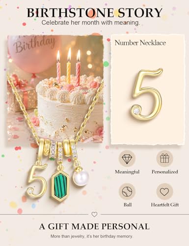 Freekiss Gold Pendant Necklace for Women, Dainty Diamond Necklaces for Women Simple 14K Gold Plated Paperclip Choker Necklaces Cute Minimalist Open Oval Necklaces Gold Jewelry for Women Gifts - color: Gold, style: Number 5 - Emerald Green Malachite