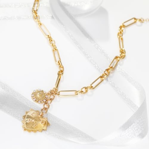 Gold Love Heart Sun Charm Chunky Paperclip Chain for Women Trendy 18K Gold Plated Coin Sunflower Pendant Choker Necklace Hip Hop Jewelry Gifts for Her - style: LOVE HEART, SUN