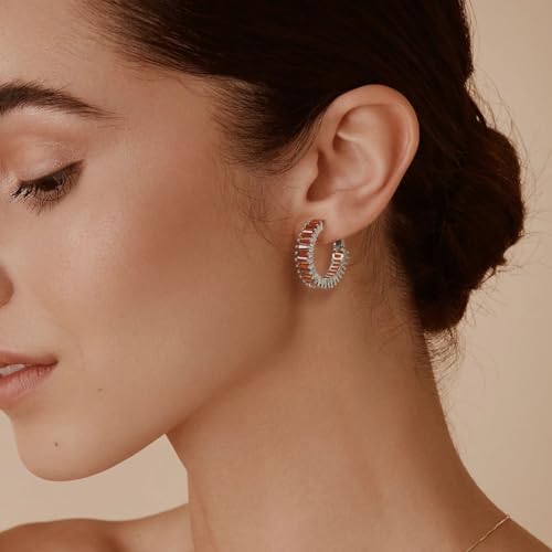 Trendy 14K Gold Plated Hoop Earrings for Women, Chunky Gold/Silver Earrings for Women Cubic Zirconia Baguette Hoop Earrings Heart Hoops Lightweight Hypoallergenic Jewelry,25mm/35mm/40mm/50mm - color: 01 Silver Burnt Orange Hoops 25mm