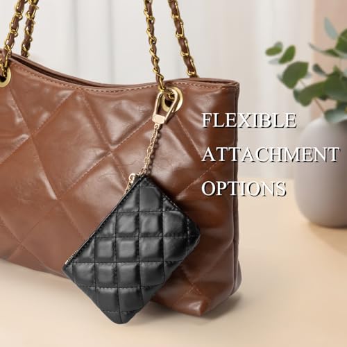 Quilted Leather Coin Purse with Keychain - Small Coin Pouch Key Pouch Small Card Holder Keychain Wallet Change Purse for Women and Men (Black) - color: Black
