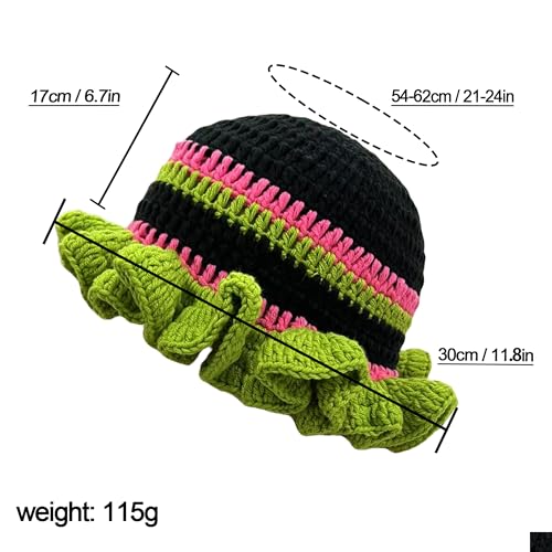 Handmade Crochet Bucket Hat for Women Boho Chic Slouchy Design Colorblock Ruffled Brim Festival&Daily Crochet Hat - color: Black Crown Green
