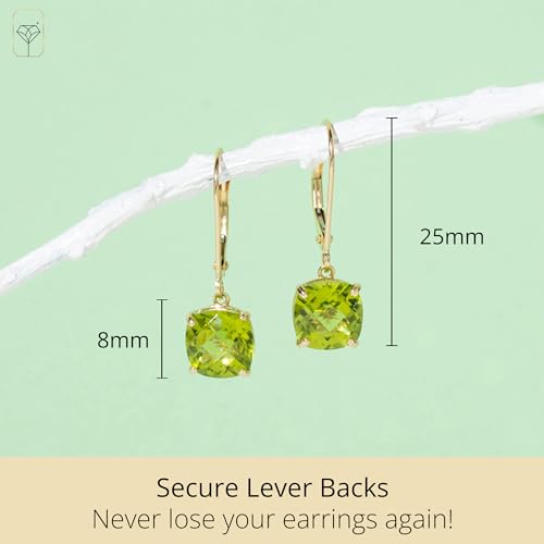 14k White or Yellow Gold Cushion Cut Gemstone Dangle Earrings for Women with 8mm Birthstones by MAX + STONE - color: Peridot