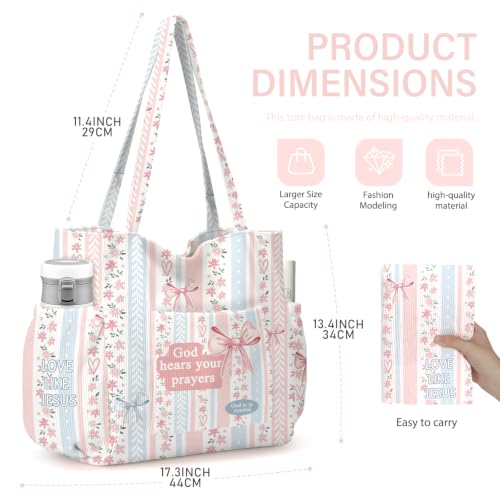 Corduroy Tote Bag for Women,Large Capacity Cute Tote Bags With 6 Pockets,Crossbody Shoulder Handbag for Work Travel Gym - color: Bible Bows