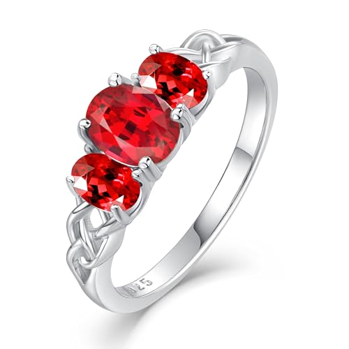 Celtic Birthstone Rings for Women 925 Sterling Silver Celtic Knot Ring 3-Stone Promise Rings for Her Wife Birthday Anniversary Wedding Jewelry - color: 07-July-Ruby