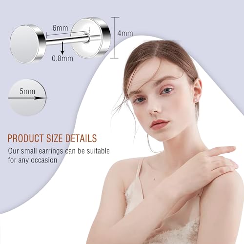 ZDE Women Earrings Flat Back Dot Earrings Titanium Hypoallergenic Cartilage Non-Nickel Earrings Studs for Sensitive Ears Simple Classic 3mm/4mm/5mm/6mm Screw On Stud Earring - color: Silver, size: 5MM