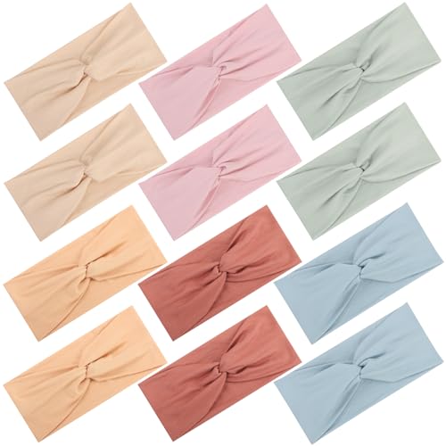 12 Pcs Stretchy Headbands for Women, Absorbed Sport Headband Soft Twist Knotted Hairbands for Daily Life Yoga Workout(Warm Morandi) - color: Warm Morandi