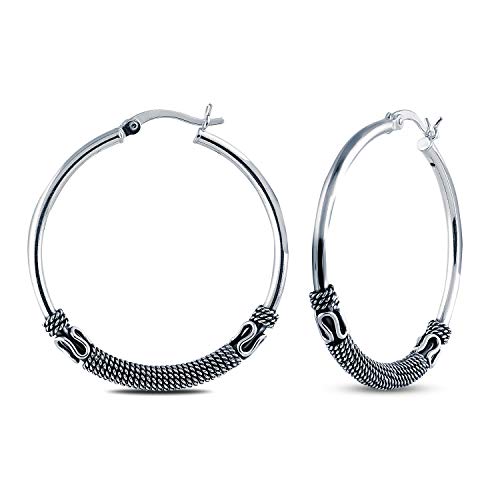 Charmsy 925 Sterling Silver Oxidized Balinese Hoop Earrings for Women | Lightweight Click Top Antique Oxidized Balinese Hoops Earring | Sise 30-60mm - color: Silver
