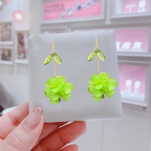 Resin Flower Cluster Ball Dangle Drop Earrings for Women Spring Summer Bohemian Floral Petal with Green Leaf Earrings Vacation Party Jewelry - color: Neon Green