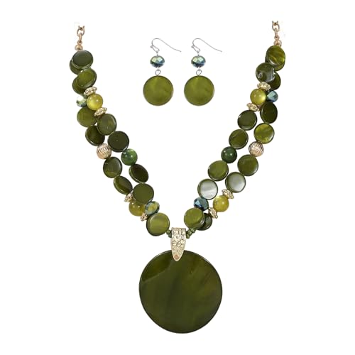 Layered Beads Statement Fashion Necklace Chunky Jewelry Set Big Colorful Glass Stone Circle Shell Pendant Choker Necklace and Earring Set for Women - color: Olive Green