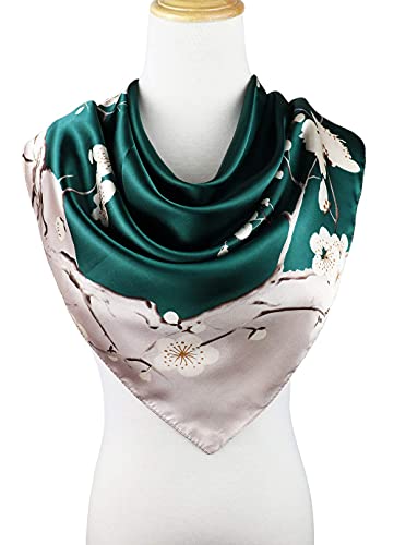 vabovin Satin Head Scarf for Women Silk Like Hair Scarf, 35 x 35 in | Silk Feel Fabric, Hair Wrap for Sleeping, Headscarf and Neck Scarf, Square Bandana Style, Fashion Accessory - color: 041 Gree Plum Blossom
