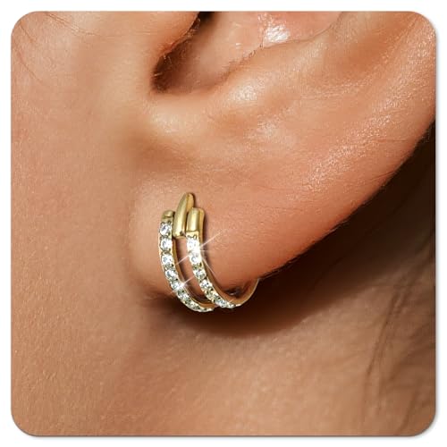 Small Cartilage Double/Triple-Hoop Helix Conch Piercing Earrings With Cubic Zirconia For Women Trendy 14K Gold Plated Titanium Surgical Stainless Steel Sets Nose Rings Hoops Septum Rings - color: 14K Gold, style: C-4Pairs-16Gauge-Double CZ hoop