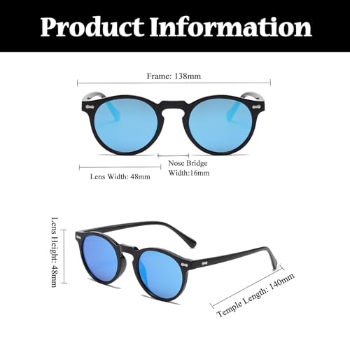 LJCZKA Round Polarized Sunglasses for Men Women Retro Small Face Sunglasses Polarized Vintage Sun Glasses UV400 Protection - color: Black Blue(mirrored)