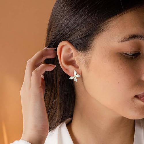 Pink Flower Earrings for Women, 925 Sterling Silver Stud Earrings, Cute Plumeria Earrings For Women, Cherry Blossom Hypoallergenic Stud - color: Sparkle Butterfly