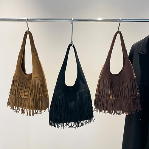 CORIOS Women Suede Handbag Vintage Fringe Hobo Bag Shoulder Bag with Tassel Hippie Western Purse Large Tote Bag - color: Black