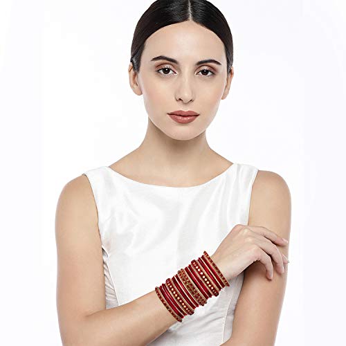 Aheli Ethnic Colorful Metal Bangles Chudha Set Stone Studded Bangle Set Indian Wedding Wear Fashion Jewelry Gift for Women Blue - color: Red