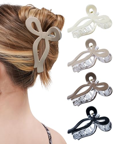 Mesovor 4 Pack Elegant Bow Hair Claw Clips, Nonslip 4.3" Large Hair Grip Hairclips for Thin and Thick | Acrylic Hair Strong Hold Hair Jaw Clamps (Neutral) - color: Neutral