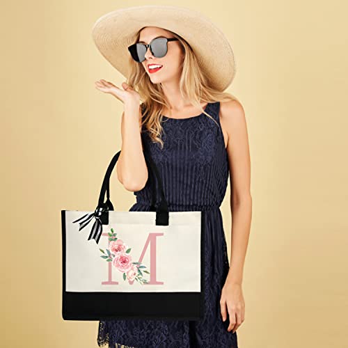 Initial Canvas Tote Bag for Women, Beach Bag with Inner Zipper Pocket Personalized Gifts for Wedding, Birthday | Initial - color: M