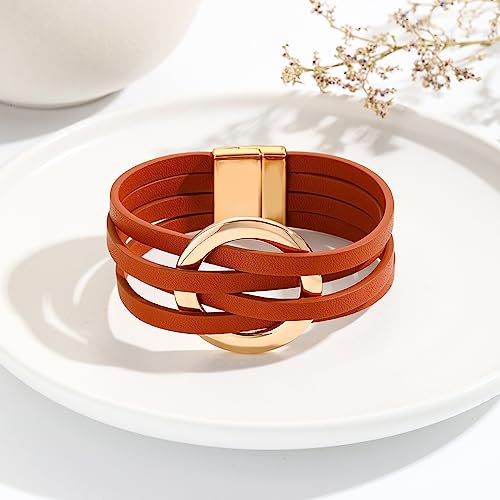 xuzhiyuan Simple Boho Circle Charm Leather Wrap Bracelet Handmade Layered Cuff Bracelets Bohemian Multi Bangle Bracelets Holiday Jewelry Gift for Women - color: Orange