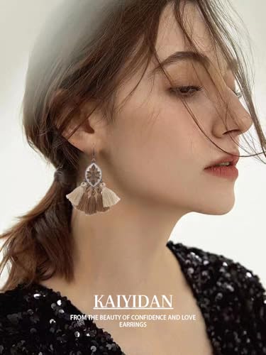 Silver/Gold Boho Dangle Statement Earrings for Women Trendy,Handmade Vintage Dainty Cute Long Drop Summer Earrings,fashion Accessories Jewelry Gifts - color: A17 brown tassels oval shaped enamel