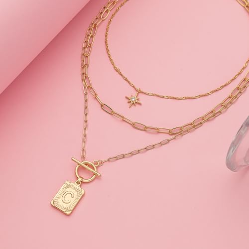 Paxuan Dainty Gold 3-Layer Personalized Initial Necklace for Women - 18K Gold Layered Letter Pendant Necklace Adjustble Paperclip Chain Choker Necklace Jewelry Gifts with Star Charm - style: Letter C