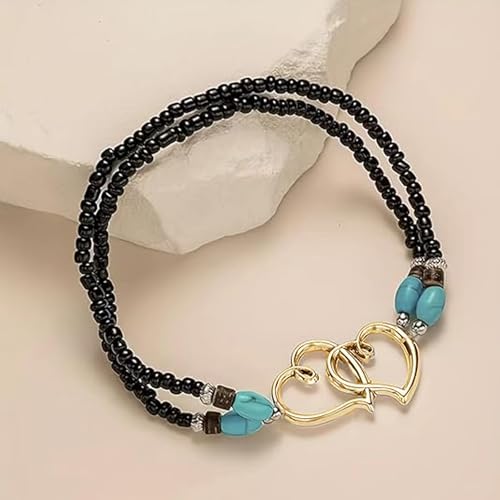 Ankle Bracelets for Women Waterproof Elastic Heart Anklet Stretchy Ankle Bracelets Colorful Beaded Anklets Boho Ankle Bracelets Silver Beach Anklet Jewelry Accessories for Summer - color: Gold Black Anklets