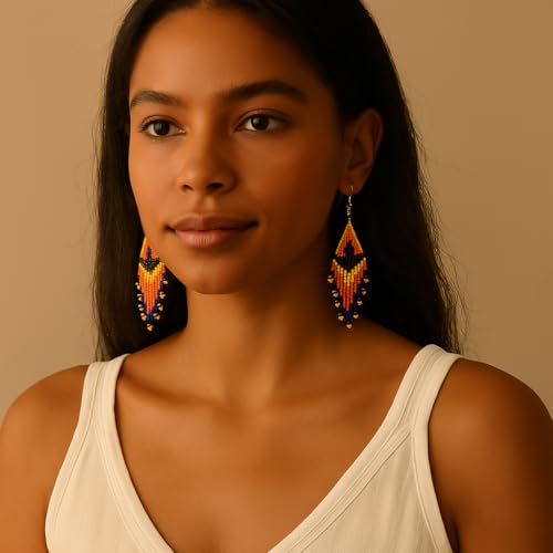 Bohemian Beaded Long Tassel Dangle Earrings for Women, Handmade Jewelry White Tarnish Resistant Lightweight Design, Stylish Accessory for Beach Vacation Party and Gift - color: Orange
