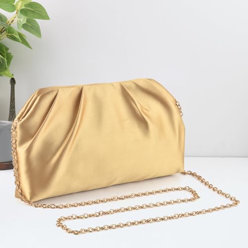 ERKOON Clutch Purse for Women Elegant Pleated Evening Bag Crossbody Shoulder Handbag Envelope Bag with 2 Detachable Chain - color: Gold