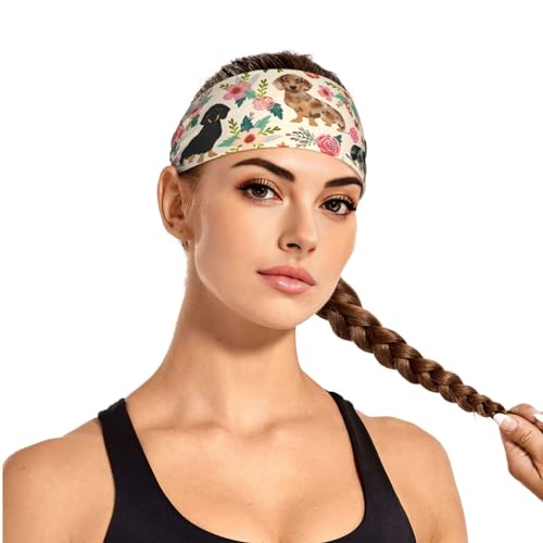 Black and Gold Swirl Liquid Ink Marble Workout Headbands Fashion Sports Sweatbands Yoga Hairbands for Fitness Athletic Non Slip Wicking Headscarf for Men Womens Girls Summer Accessories Elastic Bands - color: Dachshund Sausage Dogs Pink Flowers Print
