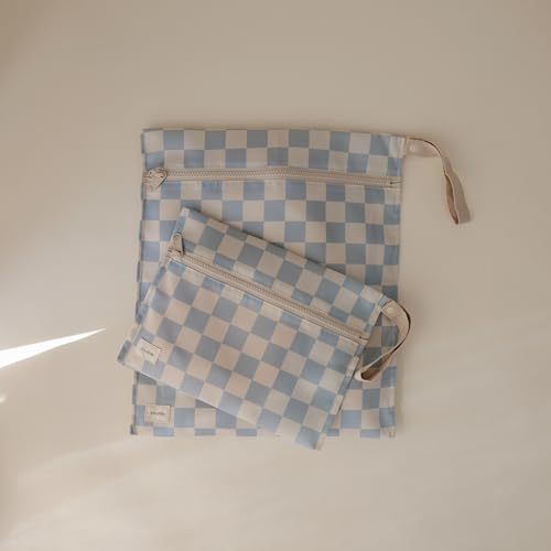 mushie Water Resistant Wet Bags | Large & Small Reusable Storage Bag for Baby Items and Travel | Zippered Pockets with Handle | Machine Washable, Set of 2 (Blue Check) - color: Blue Check