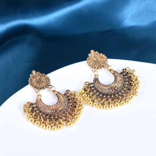 Boho Antique Carved Flower Dangle Drop Earrings for Women Vintage Retro Handmade Hollowed Antiqued Bronze Floral Shaped Geometric Gold Silver Plated Hoop Earrings for Ethnic Style Jewelry Gifts - color: Gold tassel