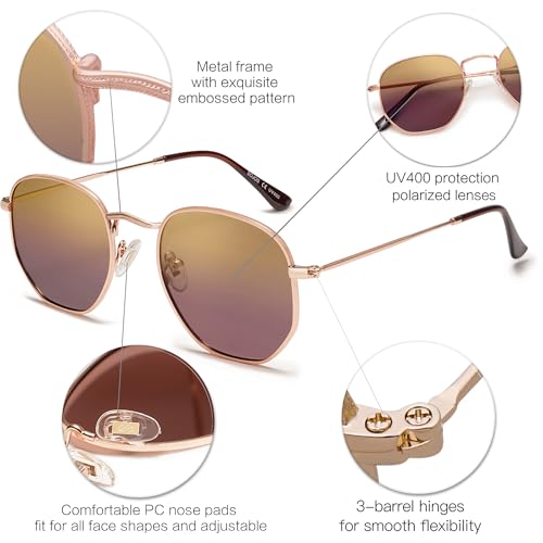 SOJOS Square Polarized Sunglasses for Women Men Small Hexagonal Polygon Shades SJ1072 - color: Rose Gold