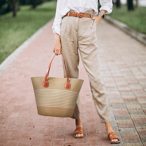 Straw Bags For Women | Travel Straw Totes Bag, Summer Woven Shoulder Bag Handbag - color: Straw/White