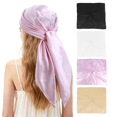 Ciormis 35" Silk Head Scarf for Women, 4 Pcs Satin Hair Scarf Square Silk Bandana Top Neck Scarves Hair Wraps for Sleeping - color: L1-solid-set6
