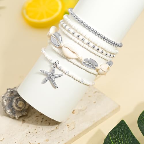 Beach Bracelets for Women Bohemian Stackable Heishi Surfer Bracelet Set Elastic Seashell Starfish Boho Friendship Bracelets for Summer Beach Party Holiday Vacation Jewelry - color: 7PCS-Silver