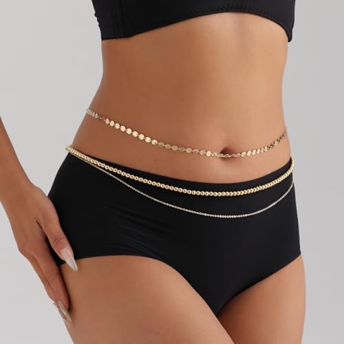 Body Chain Gold Waist Chains for Women Belly Layered Beach Waist Chains Adjustable Sexy Bikini Boho Chain - style: round beads