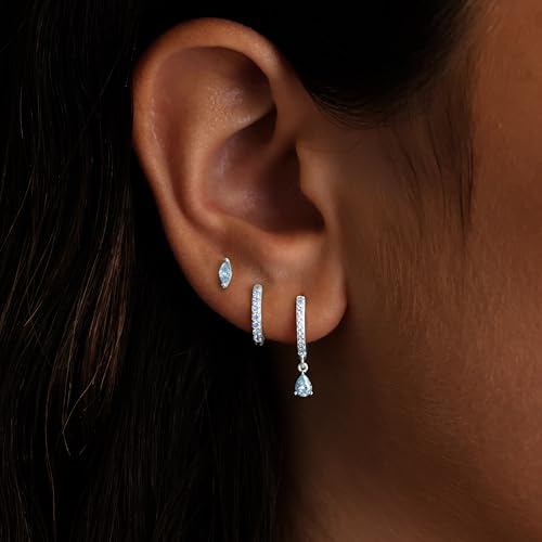 14K Gold Plated Small Huggie Hoop Earrings Set for Women, Hypoallergenic Dainty Sterling Silver Dangle Studs for Cartilage Helix, Lightweight Trendy Cute Stack Birthstone Jewelry Gift - color: 03_Aquamarine_Mar_Silver