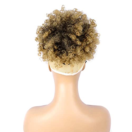 Drawstring Ponytail with Bangs Afro Puff Ponytail Extensions for Women Short Curly Puff Ponytail with Bangs Clip in Wrap Updo Hairpiece for Women (T27) - color: T27