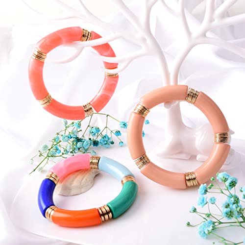 GOOJIDS Simple Beaded Gold Plated Bangles Bracelet Chunky Bamboo Tube Curved Stacking Clear Acrylic Colorful Beads Stretchable Gold Plated Bracelets Set For Women - color: S-Small size Beige&Pink 3PCS Set