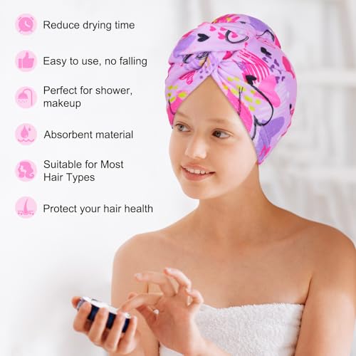 Basumee Microfiber Hair Towel Wrap for Kids 2 Pack Rapid Drying Hair Towel with Button Hair Turbans for Wet Hair Wraps Head Towel Wrap for Women and Girls, Blue and Purple Love - color: Blue and Purple Love