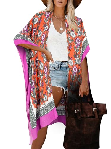Breezy Lane Kimonos for Women Swimsuit Coverups Beach Cover Up Swimwear Cardigan Summer - color: Blossom Orange White