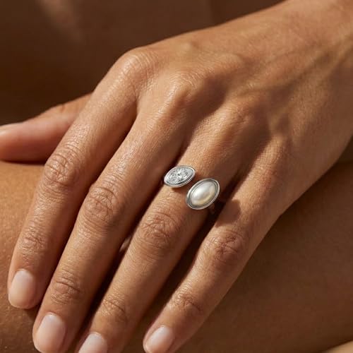 Mchic Adjustable Chunky Rings for Women: Dainty Natural Gemstone Ring Stainless Steel 18K Gold/Silver Plated Band Rings Non Tarnish Waterproof Statement Fashion Jewelry Gift for Women - color: Silver+Mother Pearl+Cubic Zirconia