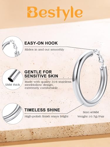 Bestyle 5mm Thick Gold Hoop Earrings Hypoallergenic Hoops for Sensitive Ears Trendy Lightweight Chunky Earrings for Women 30/40/60/80mm - color: 01-Silver, size: 40mm