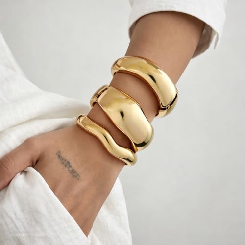 Chunky Gold Bangle Bracelets for Women Trendy 14K Gold Plated Cuff Bracelets Stack, Dainty Gold Bracelet Sets Non Tarnish Fashion Jewelry Gift - style: Gold-3pc-008