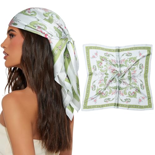 AWAYTR 27.5” Square Satin Head Scarf Hair Scarf for Women's Hair Silk Bandana for Women Silk Head Wrap for Sleeping - color: Flowers (Light Green)