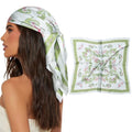 AWAYTR 27.5” Square Satin Head Scarf Hair Scarf for Women's Hair Silk Bandana for Women Silk Head Wrap for Sleeping - color: Flowers (Light Green)