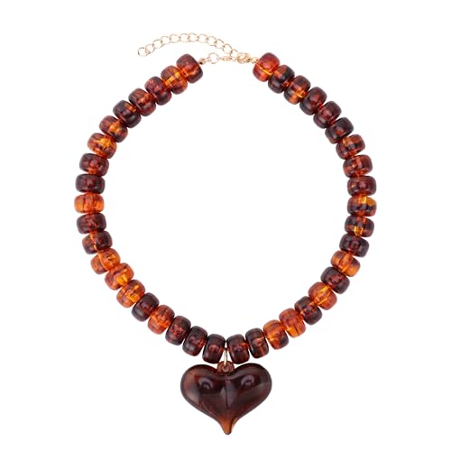 Chunky Colorful Beaded Statement Boho Summer Beach Chokers Necklace Heart Pendant Pink Green Yellow Brown Fashion Jewelry - color: brown4