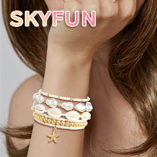Beach Bracelets for Women Bohemian Stackable Heishi Surfer Bracelet Set Elastic Seashell Starfish Boho Friendship Bracelets for Summer Beach Party Holiday Vacation Jewelry - color: 7PCS-Gold Starfish/Big Pearl